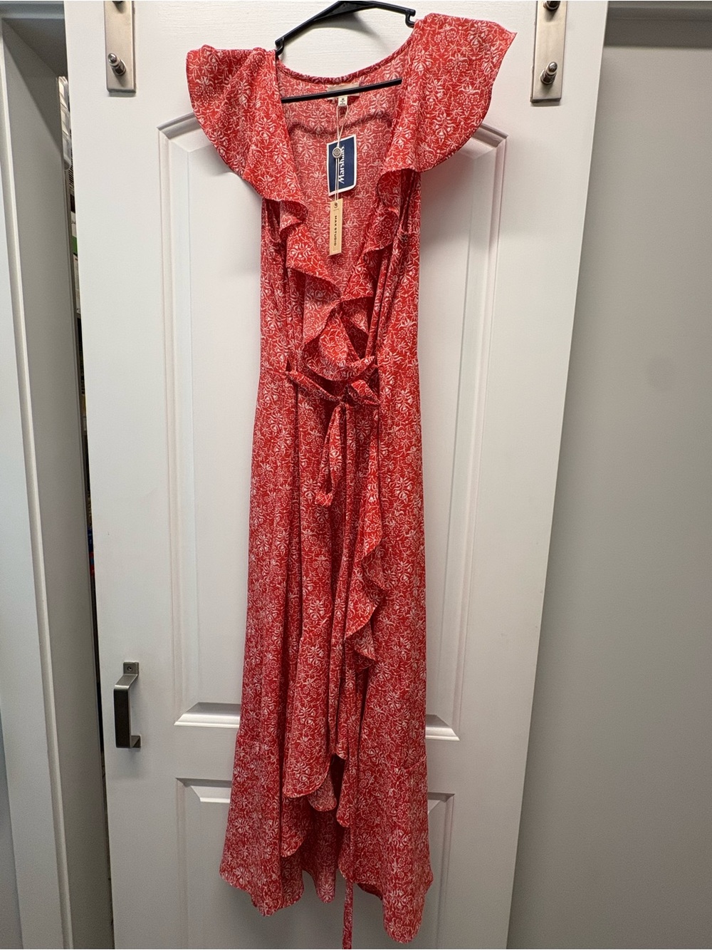 Max Studio Coral Red Printed Ruffle Maxi Dress